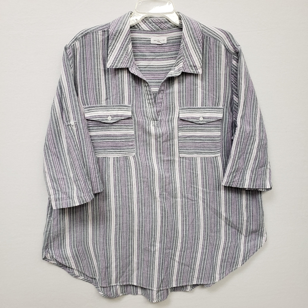 Westbound Shirt Women XL Oversized Cozy Stripe 3/4 Roll Tab Pullon Cotton V Neck